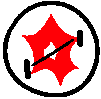 A white circle with a spikey red shape in the middle and two points far apart with a line between them.